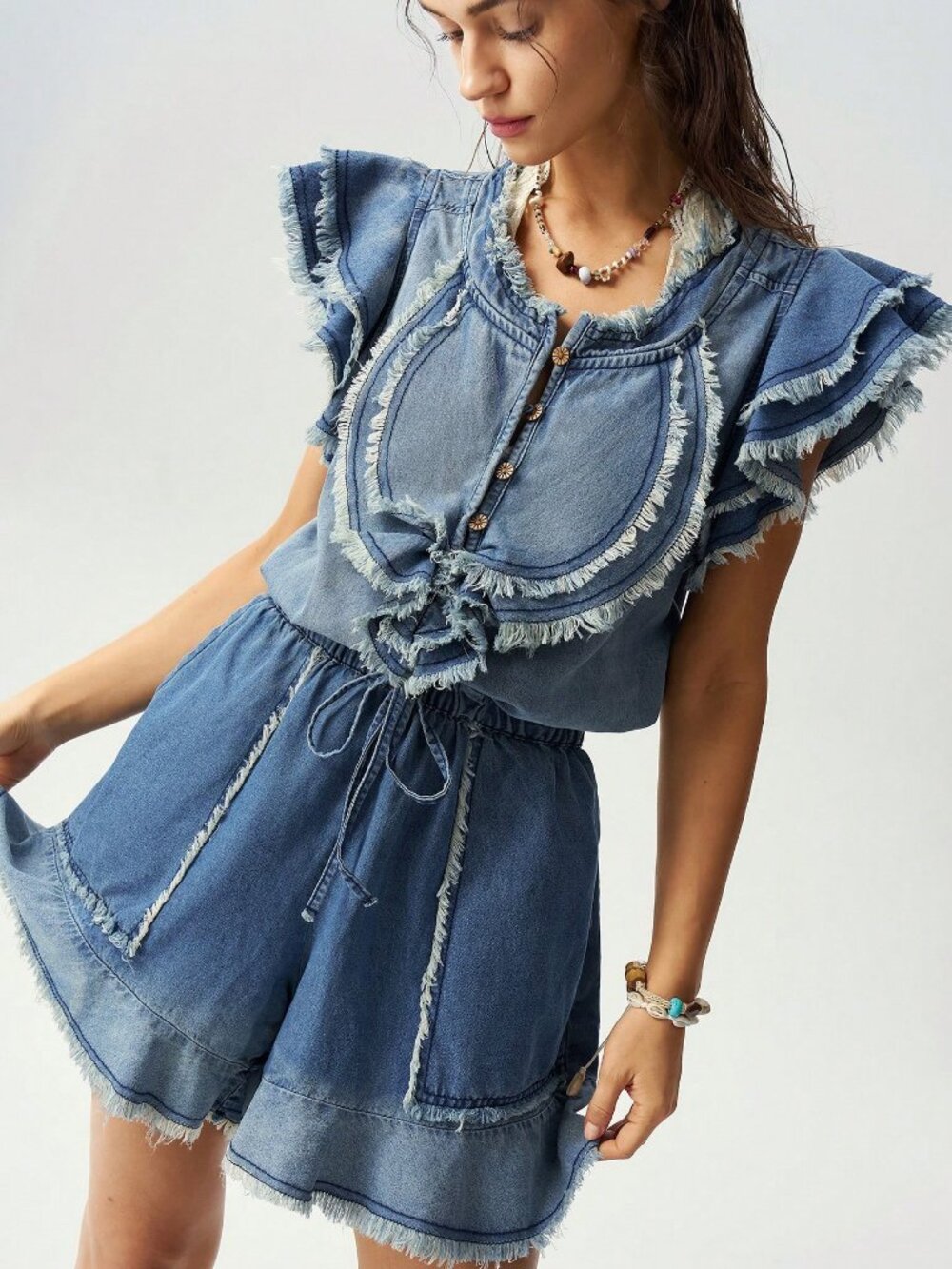 Blue Casual Women's Woven Ruffle Distressed Washed Denim romper Jumpsuit - Picture 4 of 7